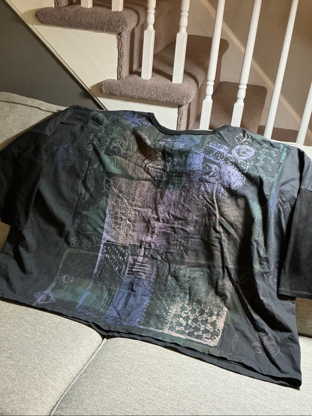 Blue Fish Black Graphic Patchwork Tee with Subtle Green and Purple Print